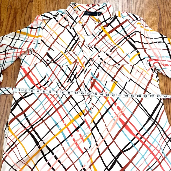 New York & Co. cream monogram button up V-neck long sleeve chiffon shirtdress XL - Picture 11 of 16